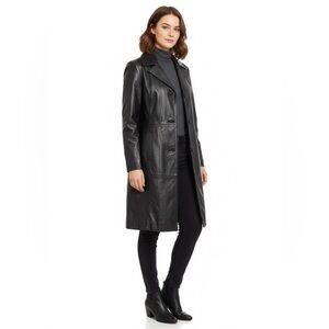 Marina Rinaldi Black Italian Leather Overcoat Large US 12 14 Made Italy